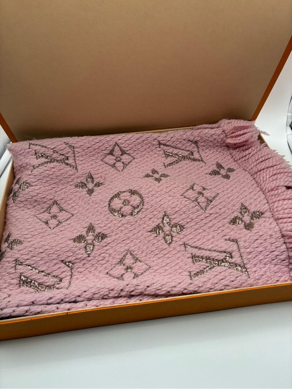 Louis Vuitton Blush Pink Monogram logomania wool scarf